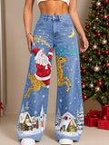 Women's Ugly Christmas Floral Wide Leg Jeans