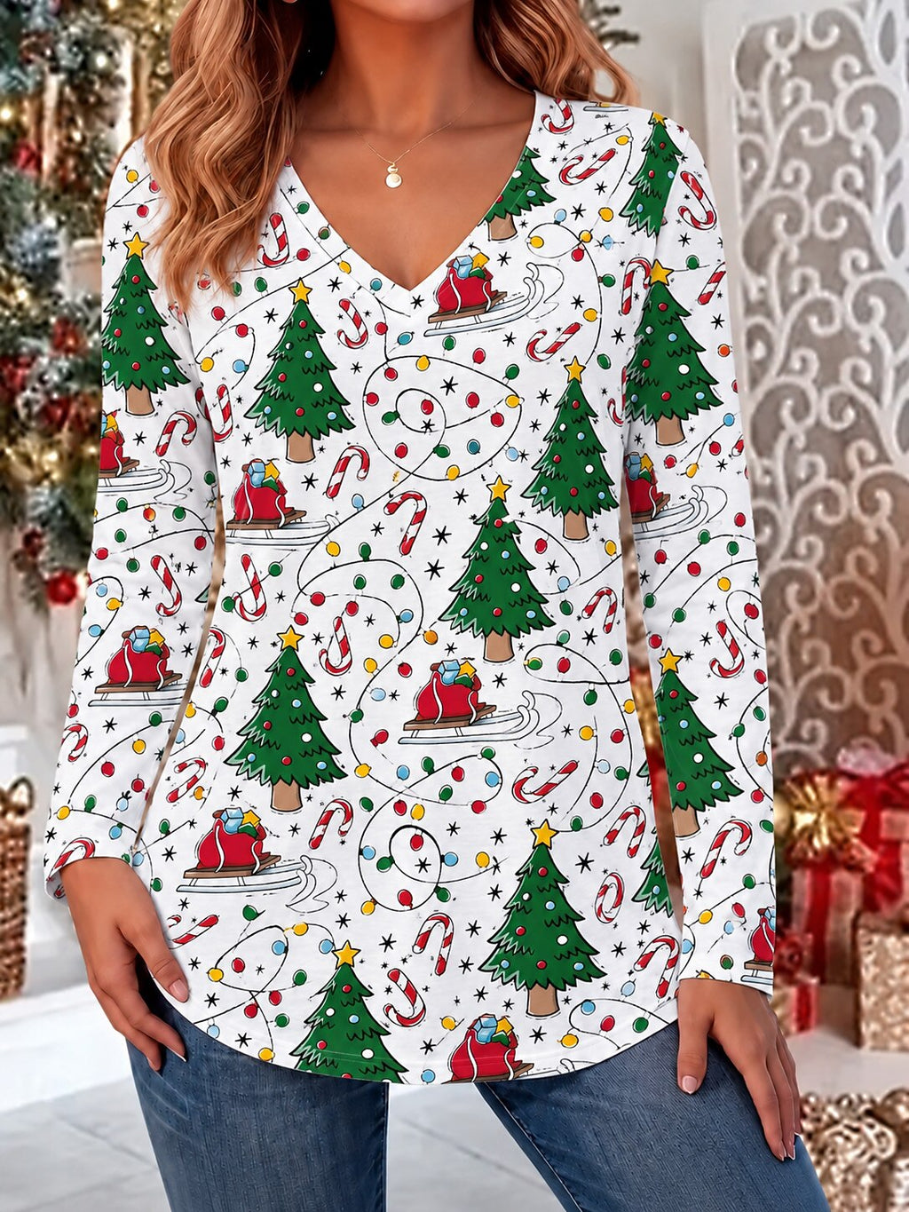 Women's Santa Christmas Tree V Neck Blouse