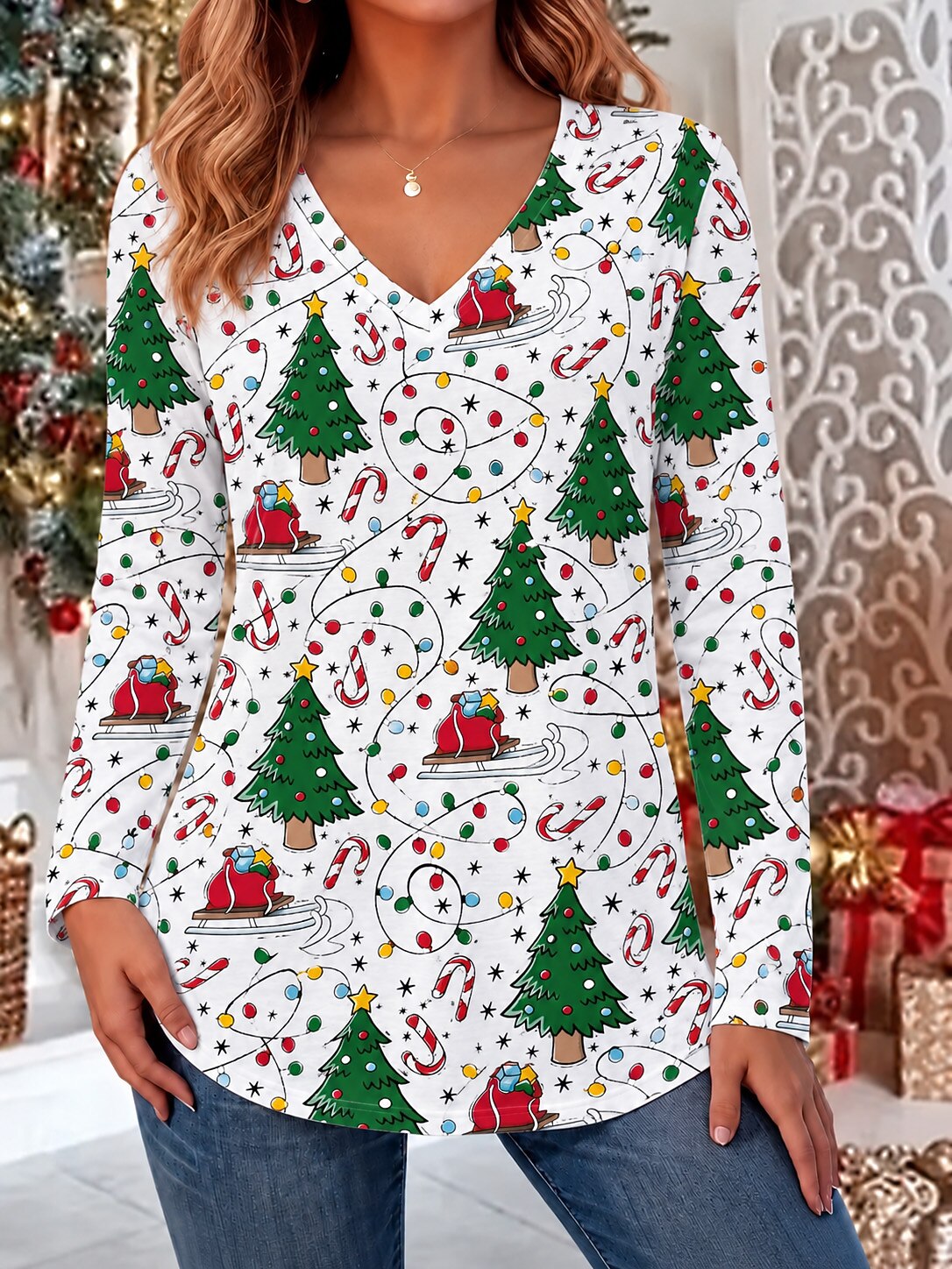 Women's Santa Christmas Tree V Neck Blouse