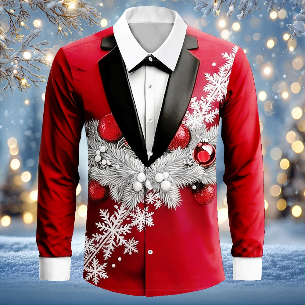 Christmas Snowflake Tuxedo Tie Button Shirt