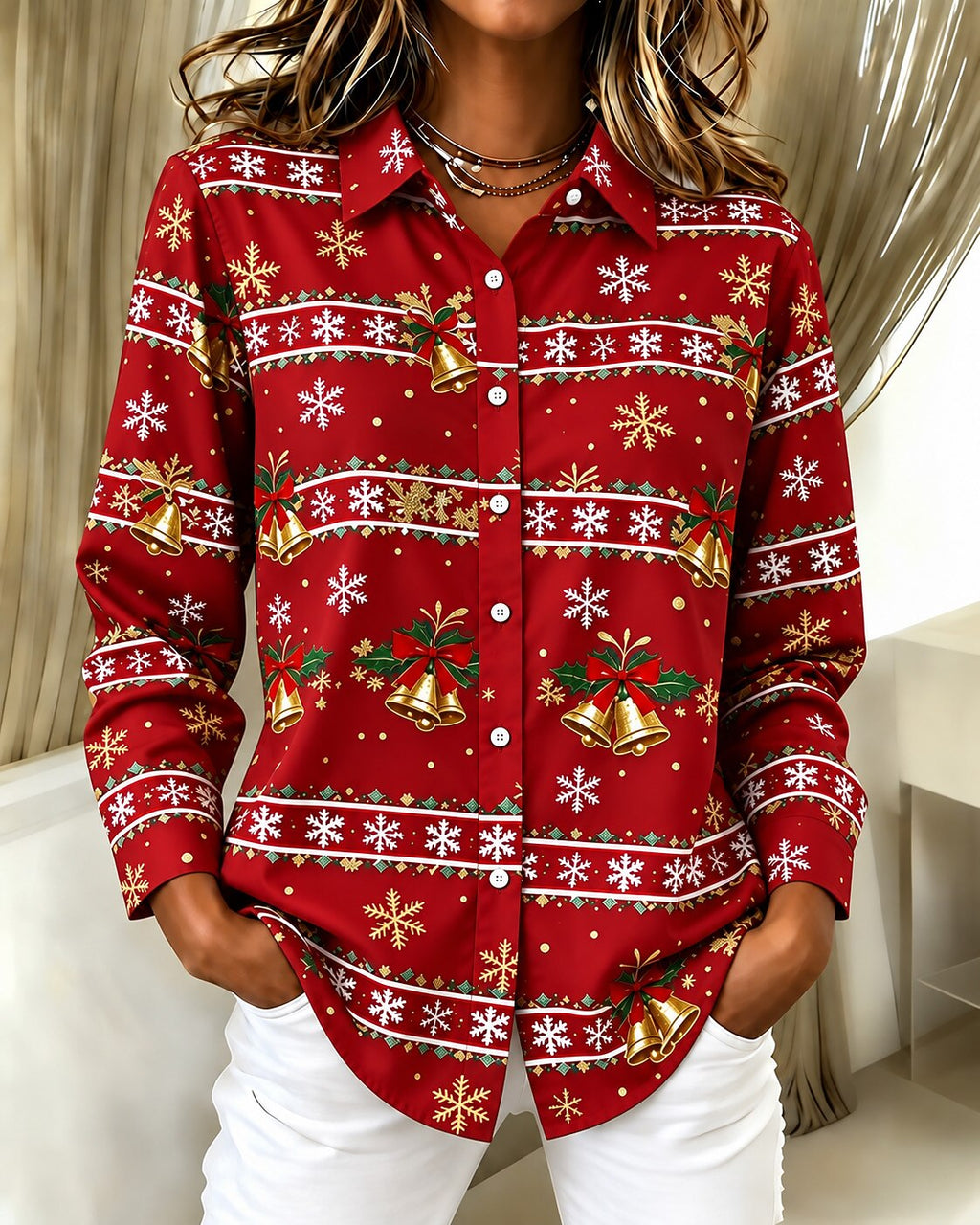 Women's Santa Snowman Christmas Button Shirt