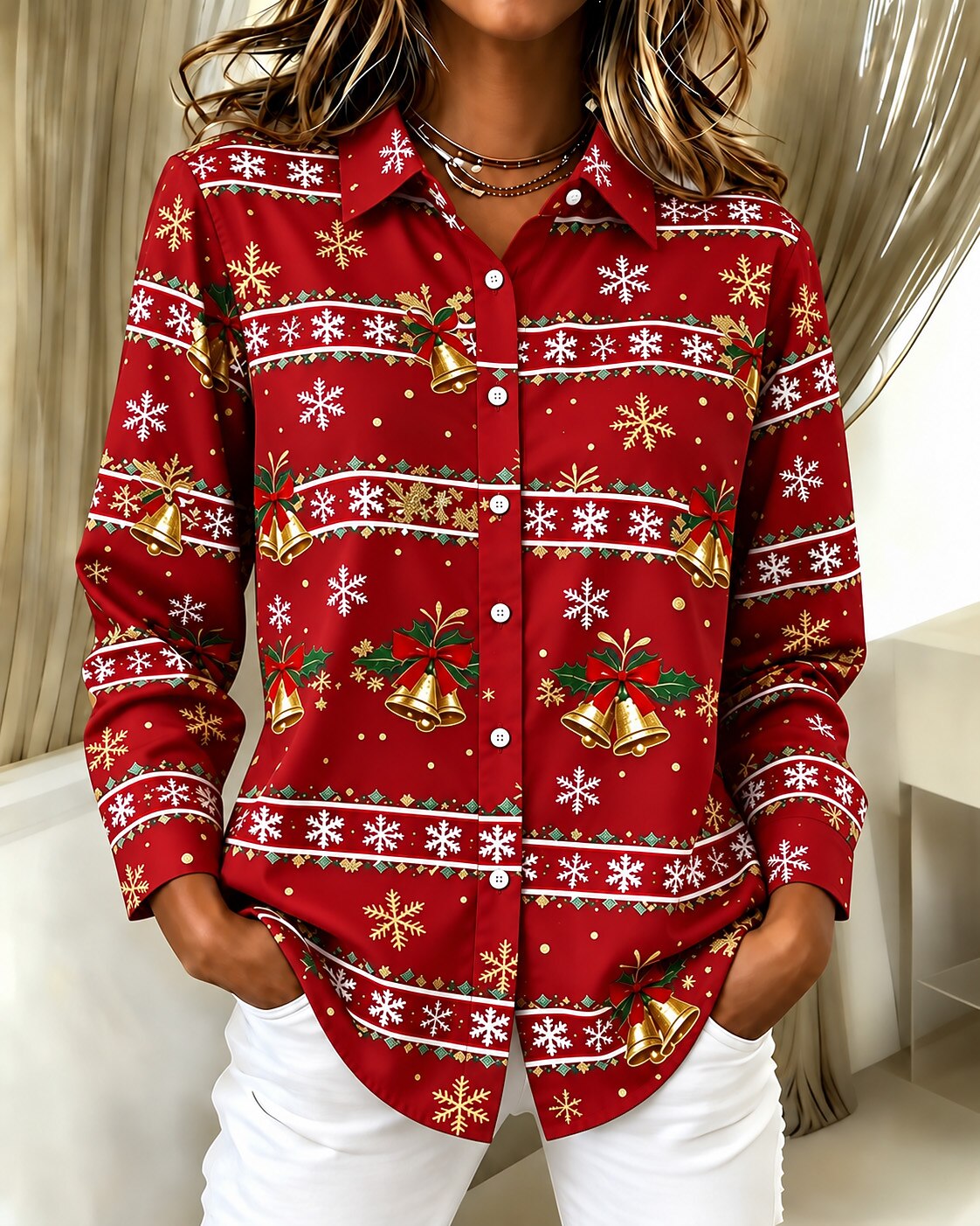 Women's Santa Snowman Christmas Button Shirt