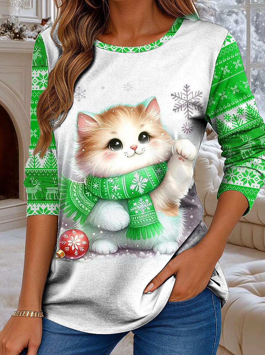 Women's Cat Snowflake Christmas Longsleeve Tee