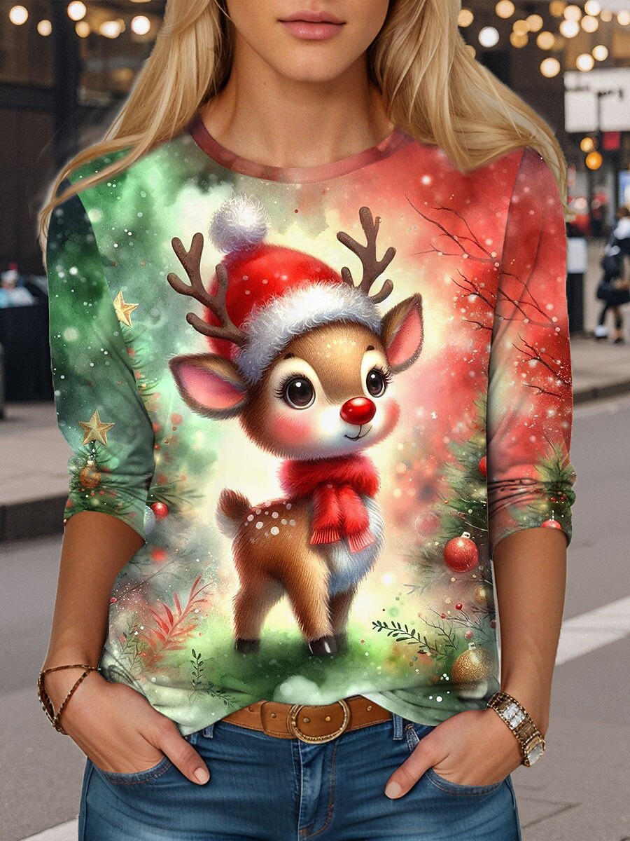 Women's Reindeer Christmas Casual Longsleeve Tee