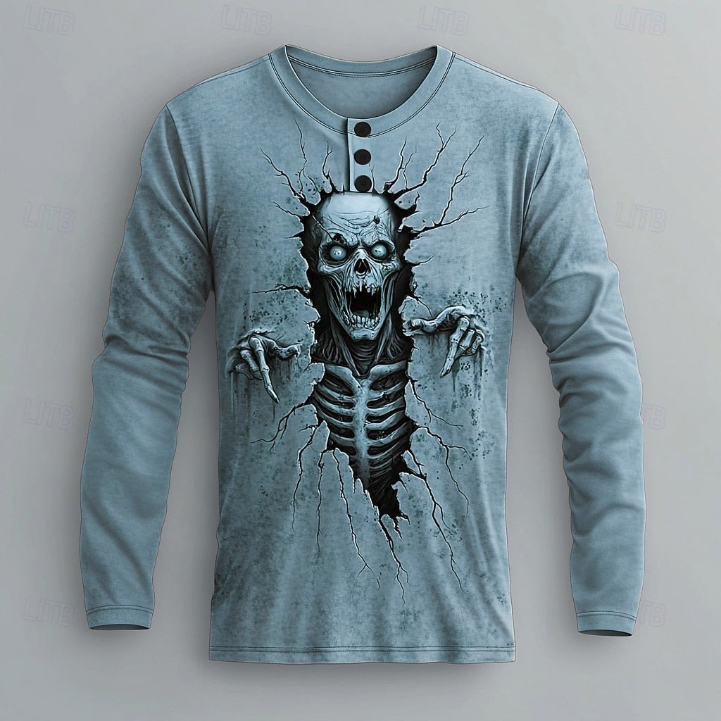 Men's Skull Graphic Casual Henley Shirt