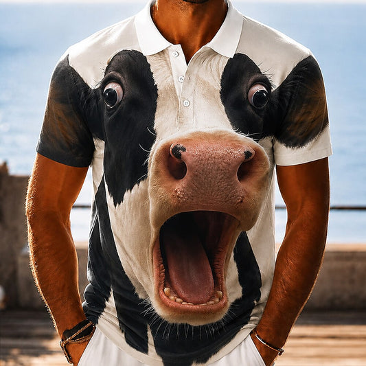 Men's 3D Cartoon Cow Hawaiian Polo