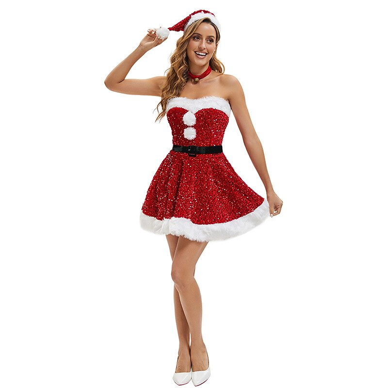 Sequined Santa Mrs Claus Costume & Hat Set
