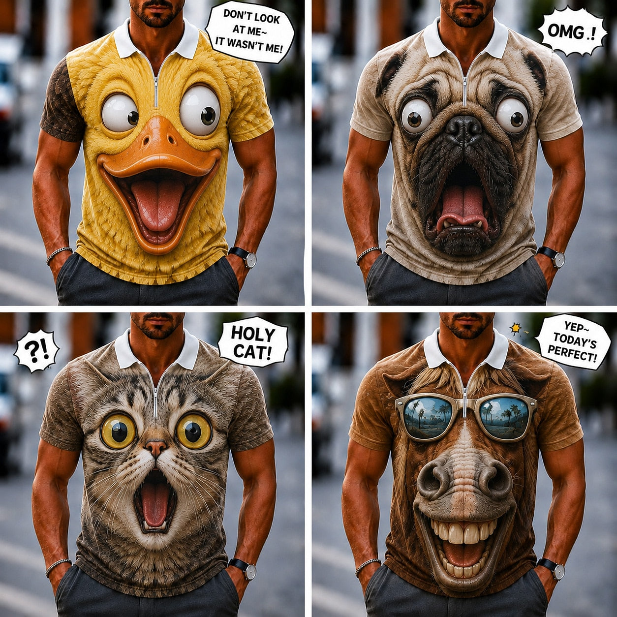 Men's 3D Cartoon Animal Zip Polo Shirt