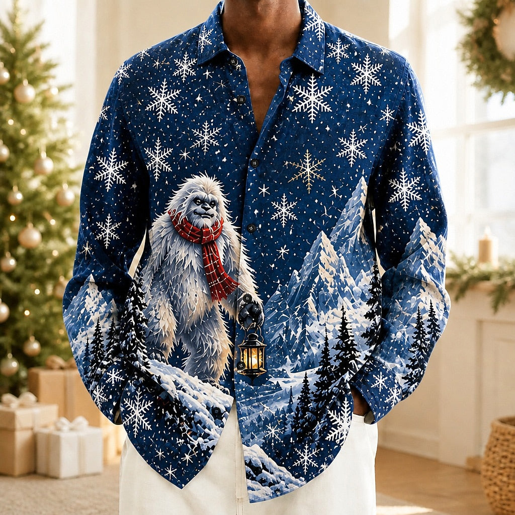 Men's Snowman Snowflake Pattern Button Up Shirt