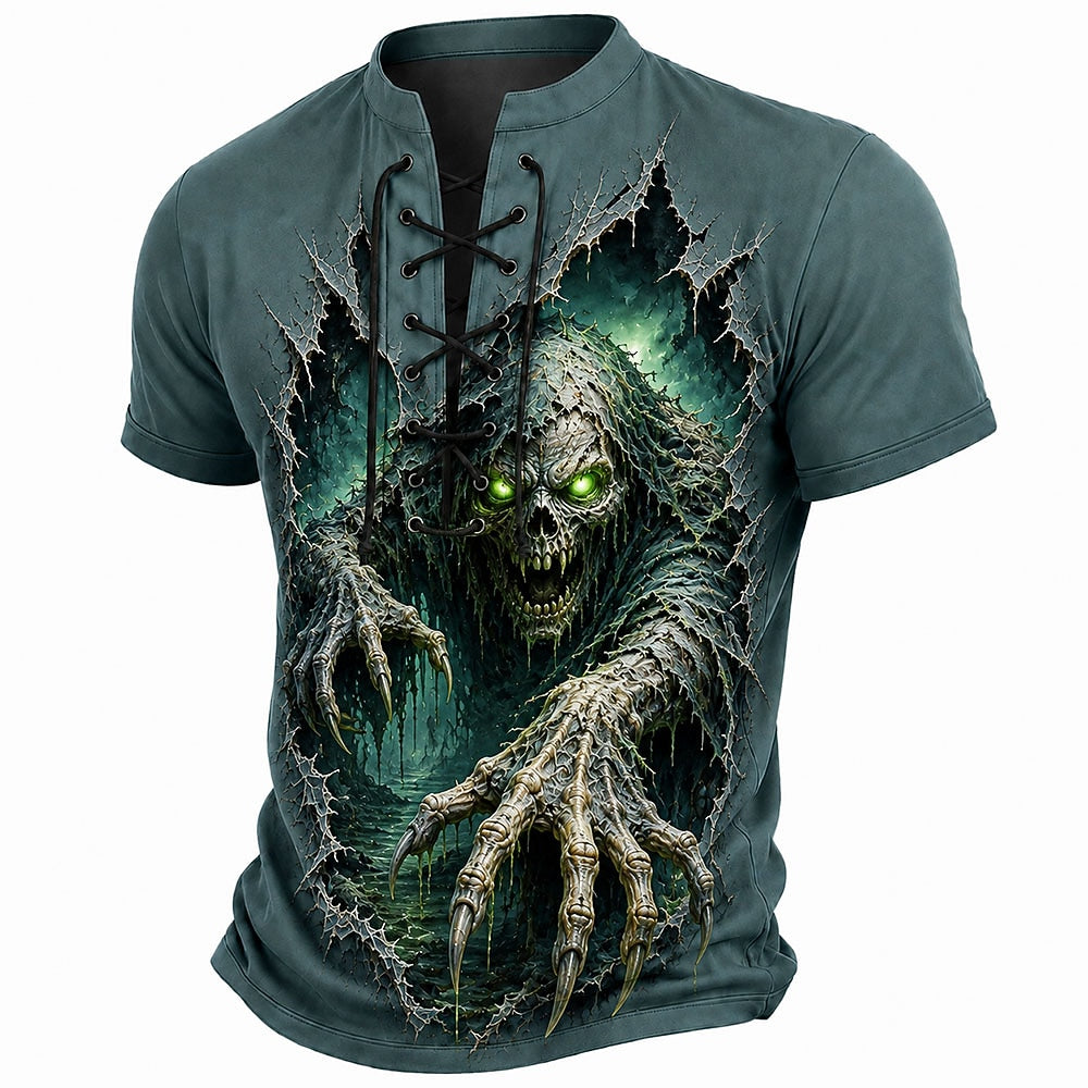 Men's Skull Werewolf Laceup Henley Shirt