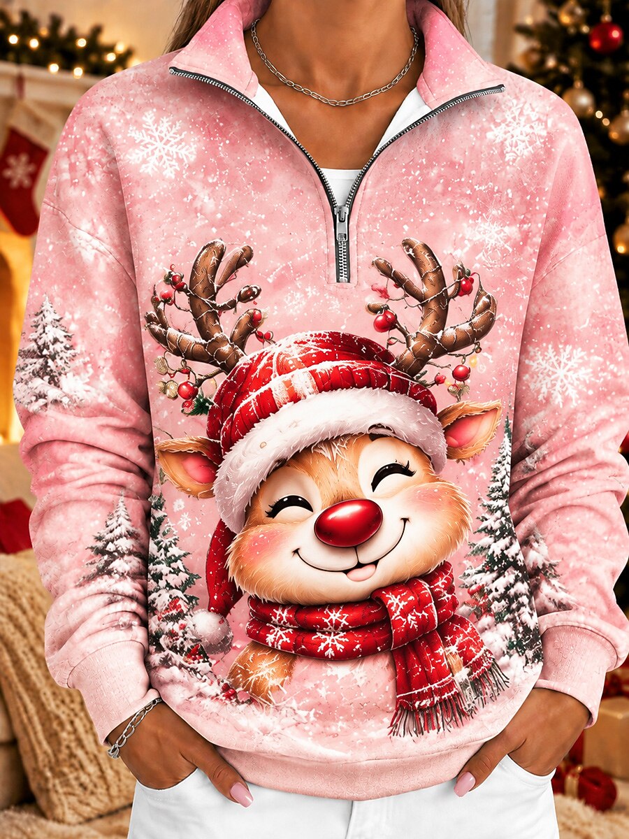 Women's Reindeer Snowflake Half Zip Sweatshirt