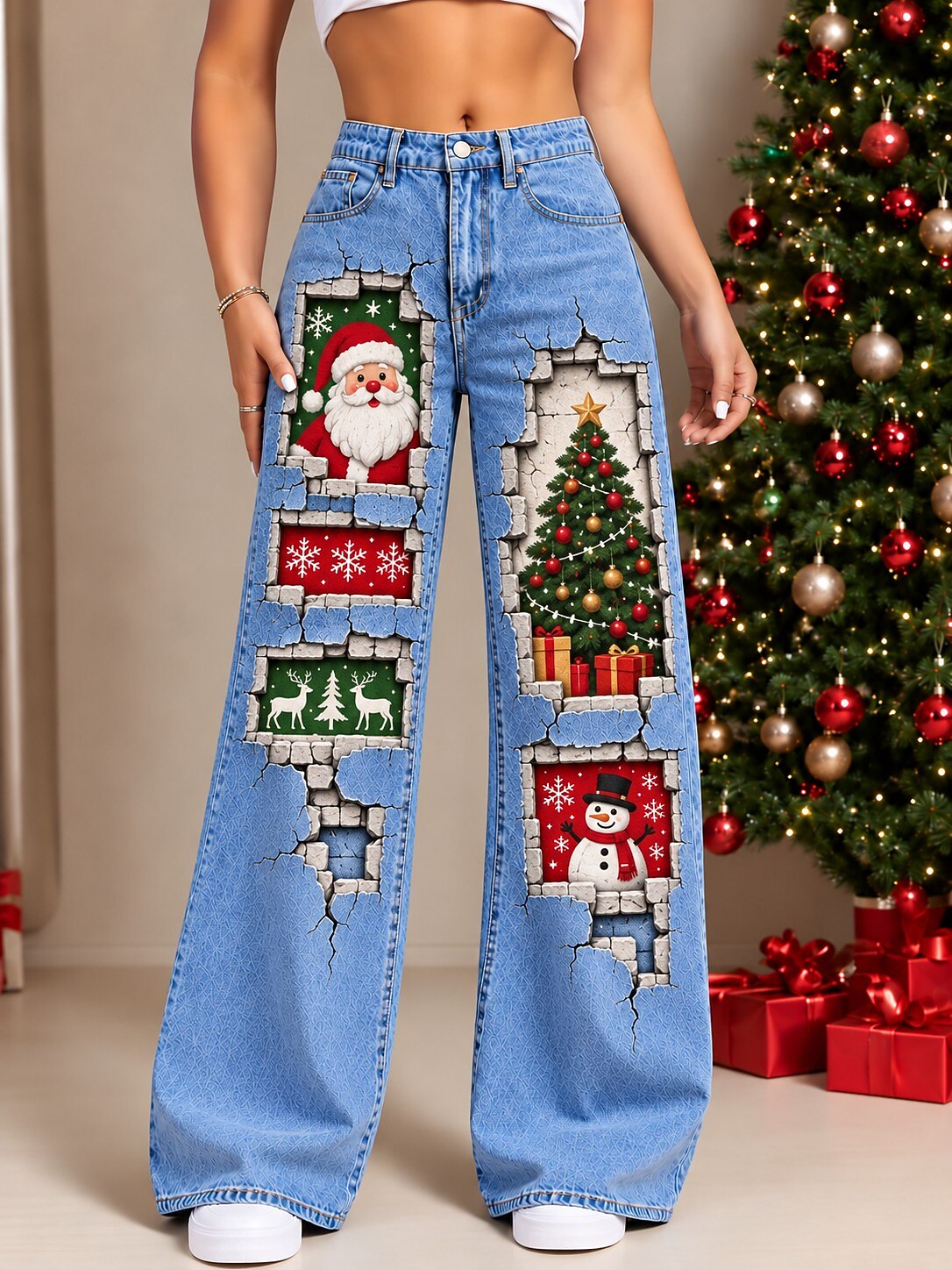 Women's Vintage Floral Wide Leg Denim Jeans