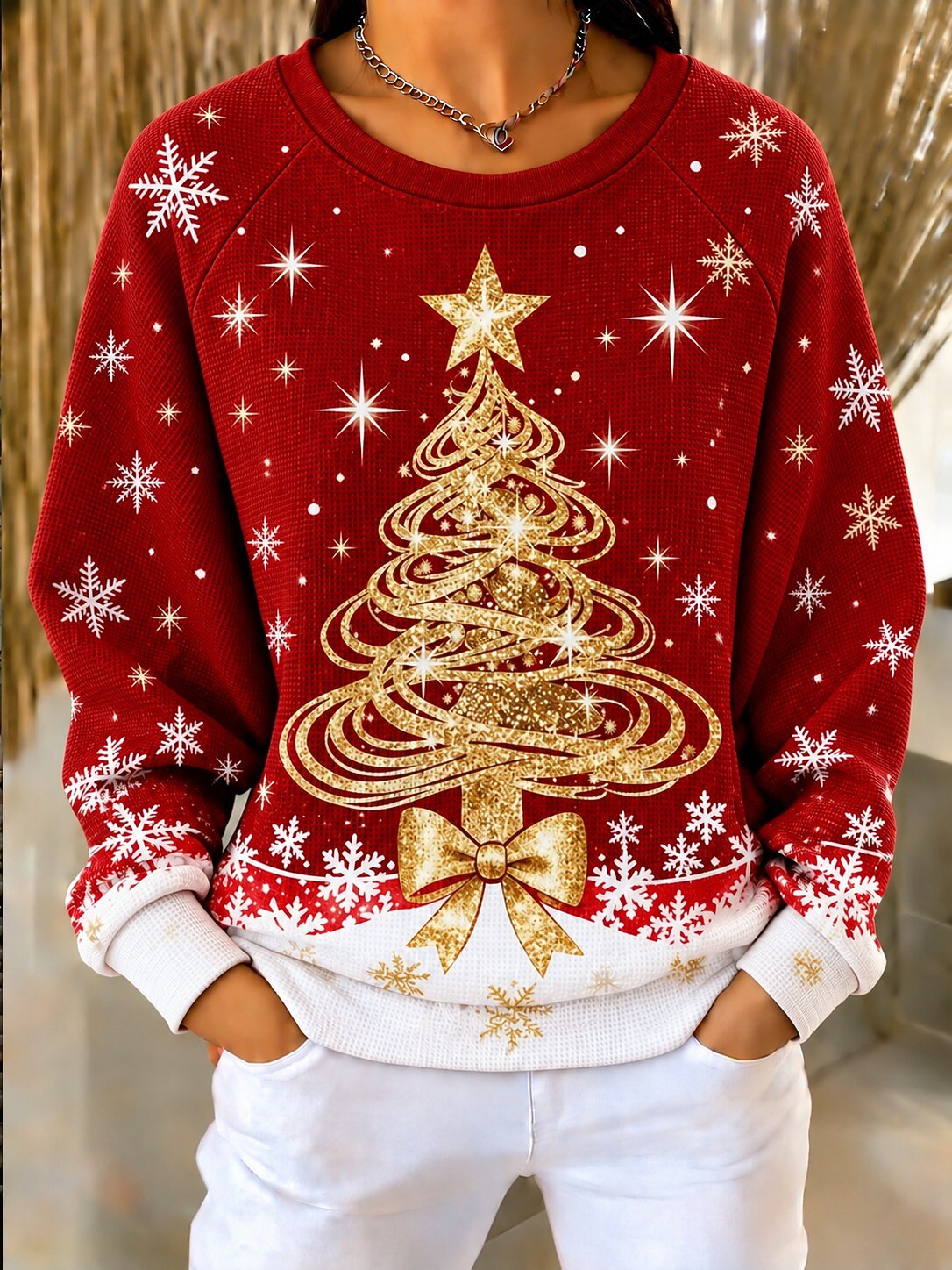 Christmas Women's Waffle Textured Pullover Sweatshirt