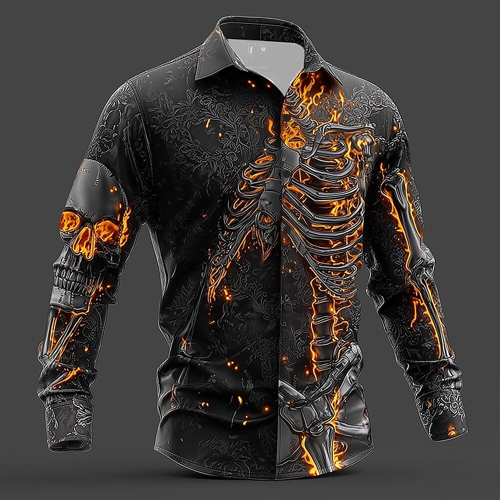 Men's Skull Flame Skeleton Button Shirt