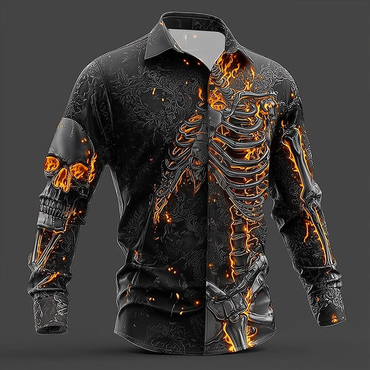 Men's Skull Flame Skeleton Button Shirt