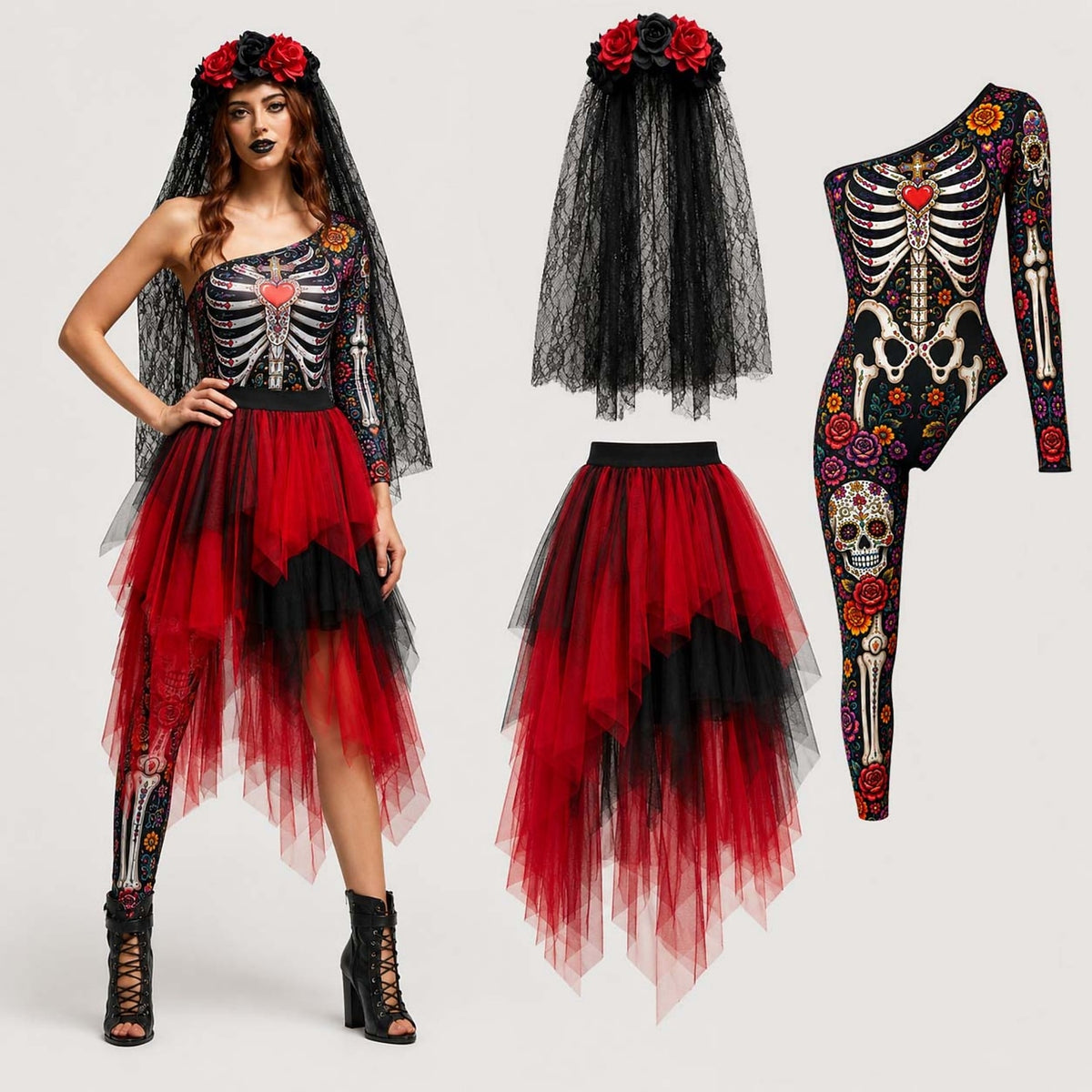 Women's Sugar Skull Bride Halloween Costume Set