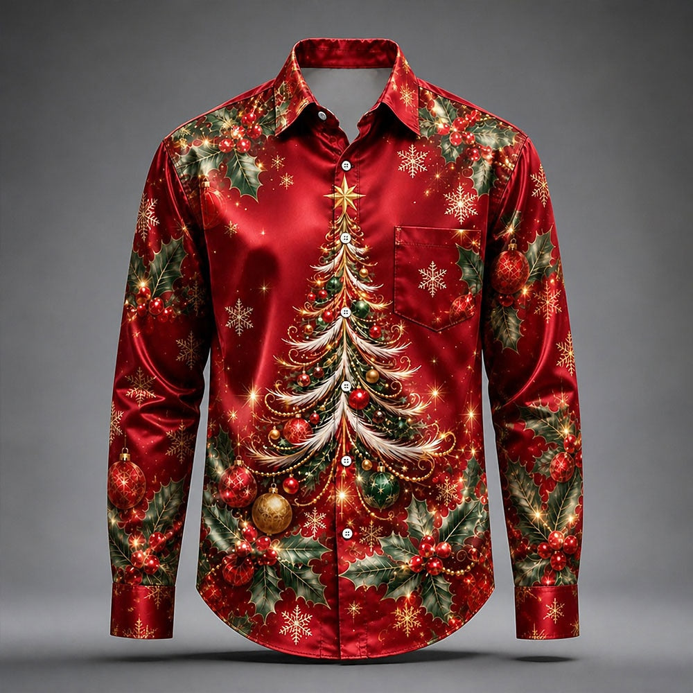 Men's Multicolor Christmas Tree Satin Shirt