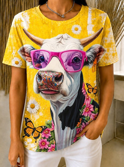 Women's Cheerful Cow Colorblock Graphic Tee