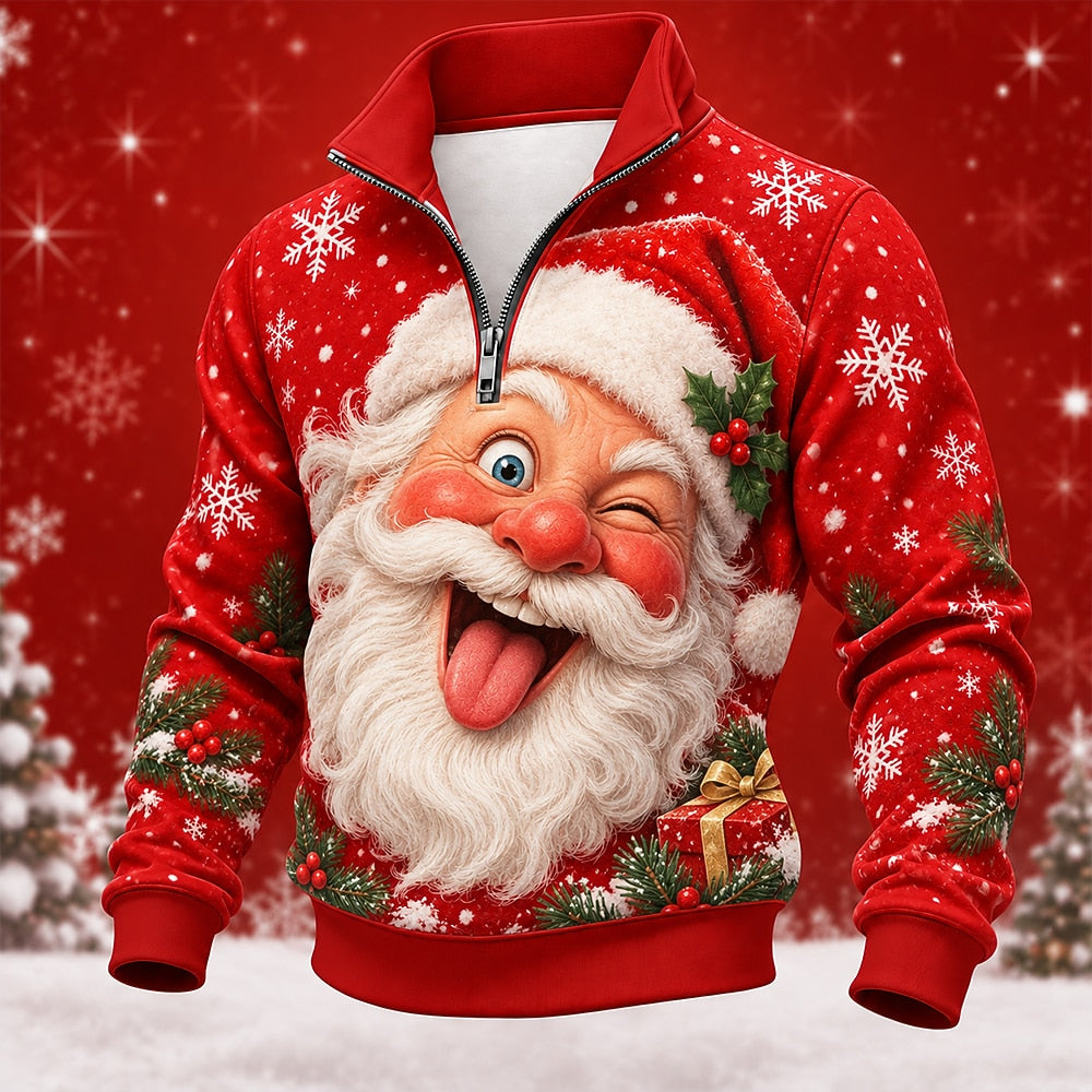 Santa Christmas Stand Collar Zip Sweatshirt