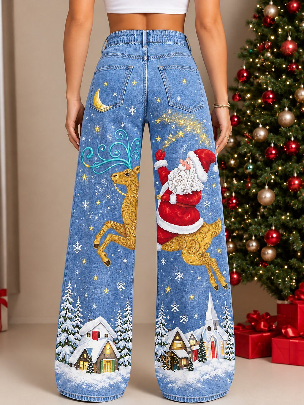 Women's Ugly Christmas Floral Wide Leg Jeans