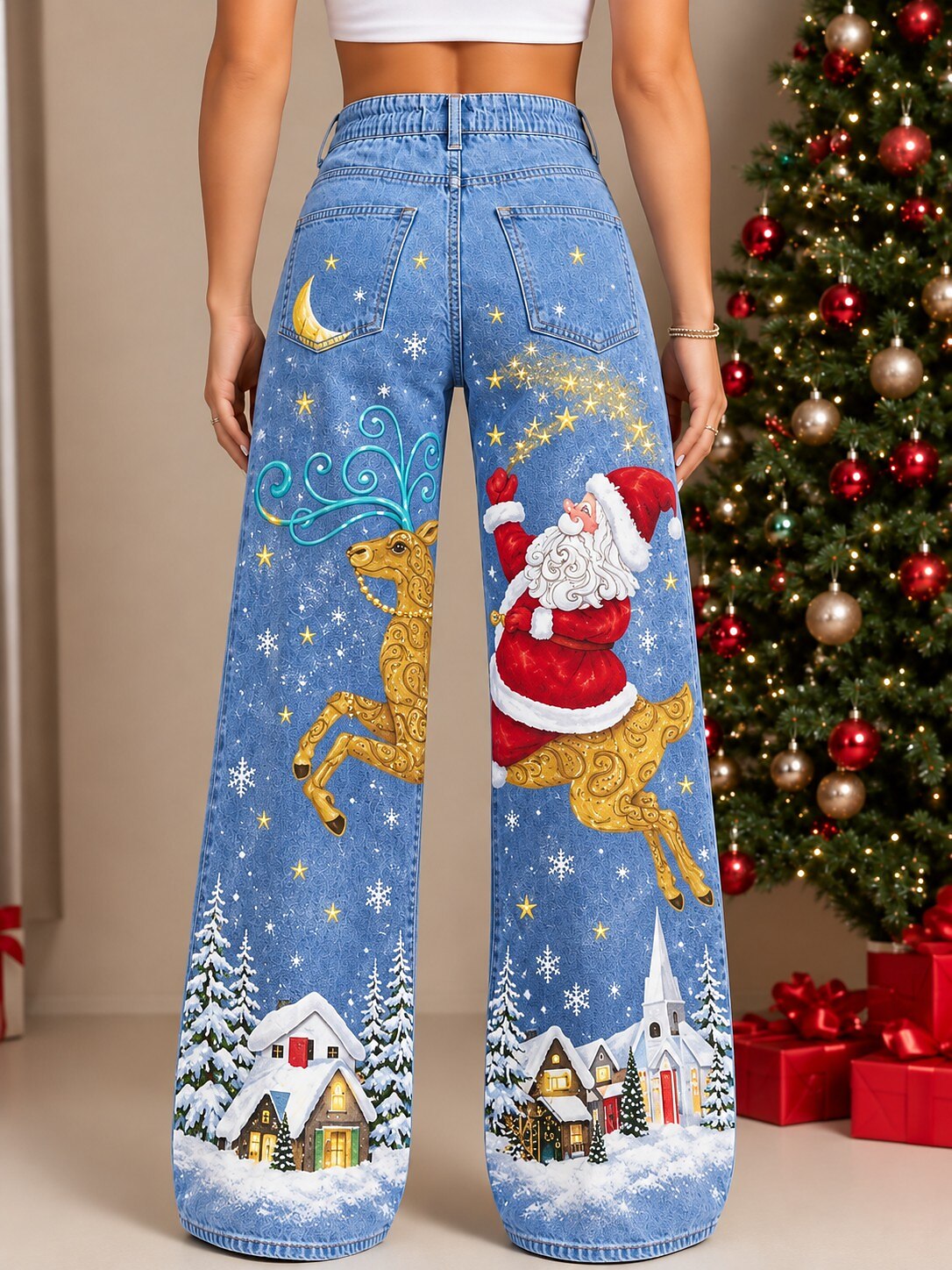 Women's Ugly Christmas Floral Wide Leg Jeans