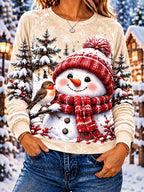 Snowman Print Holiday Pullover Sweatshirt