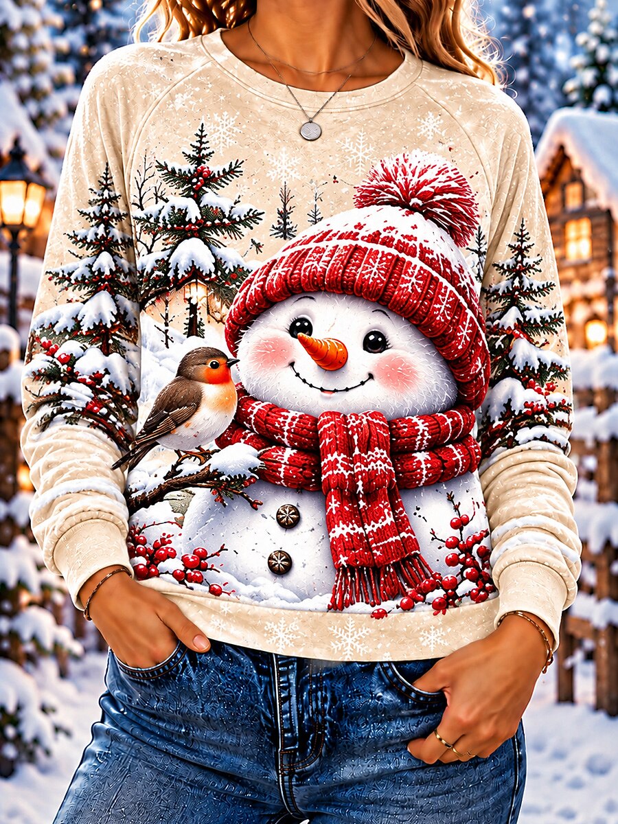 Snowman Print Holiday Pullover Sweatshirt
