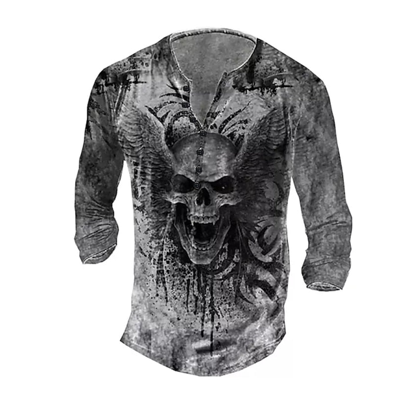 Men's Skull Graphic Vintage Henley Shirt