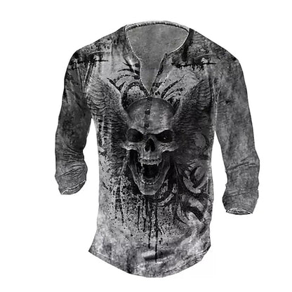 Men's Skull Graphic Vintage Henley Shirt