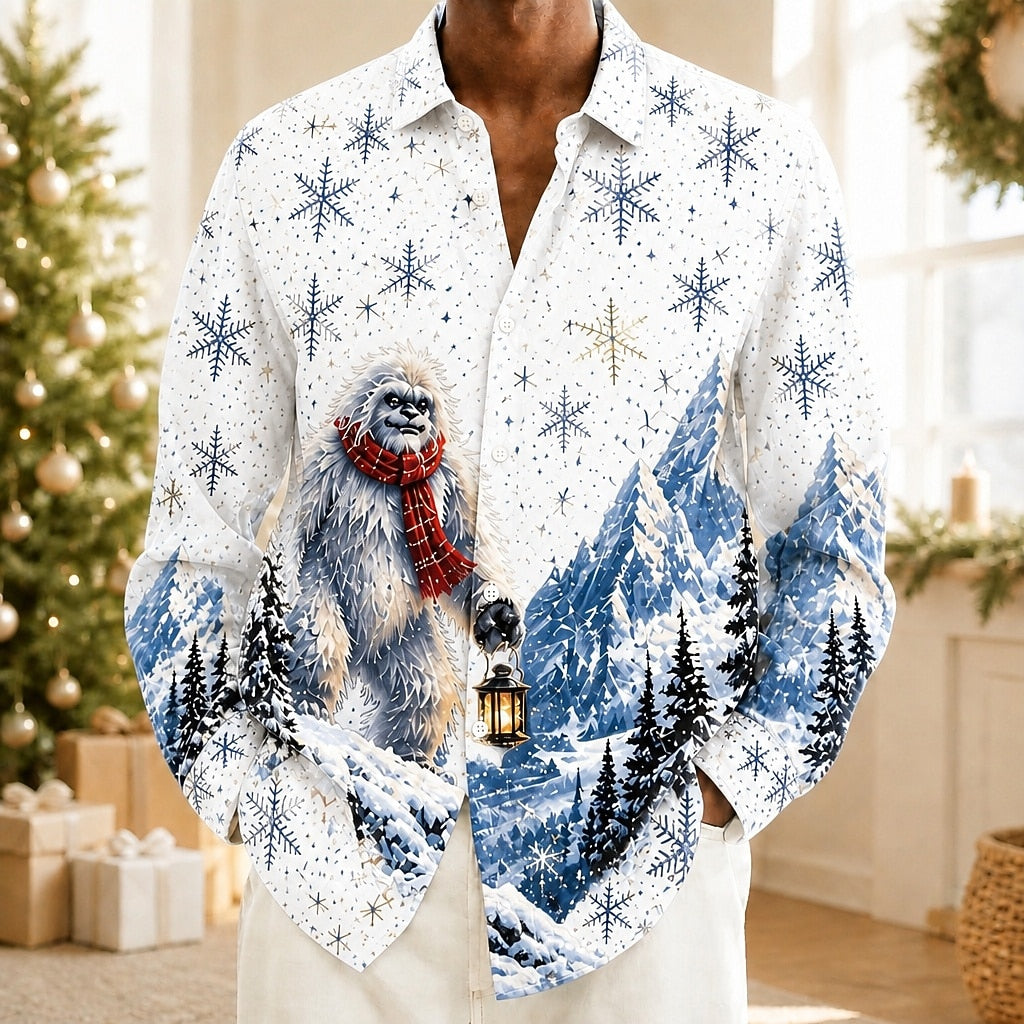 Men's Snowman Snowflake Pattern Button Up Shirt