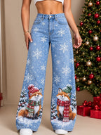 Women's Blue Floral Print Wide Leg Jeans
