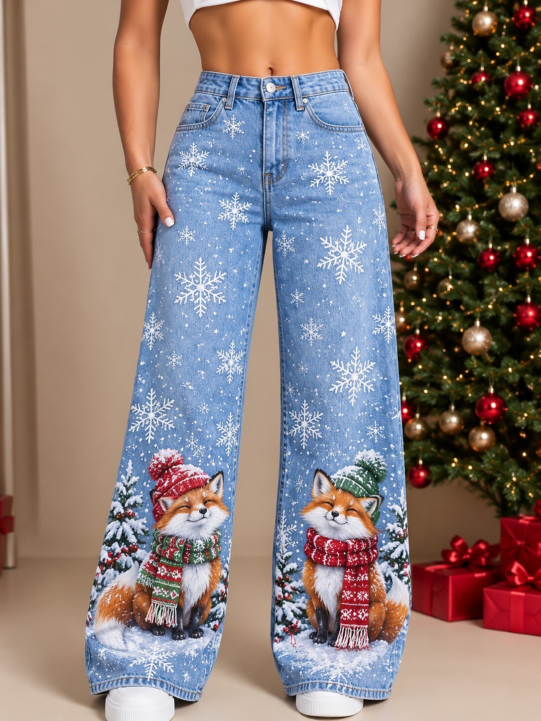 Women's Blue Floral Print Wide Leg Jeans