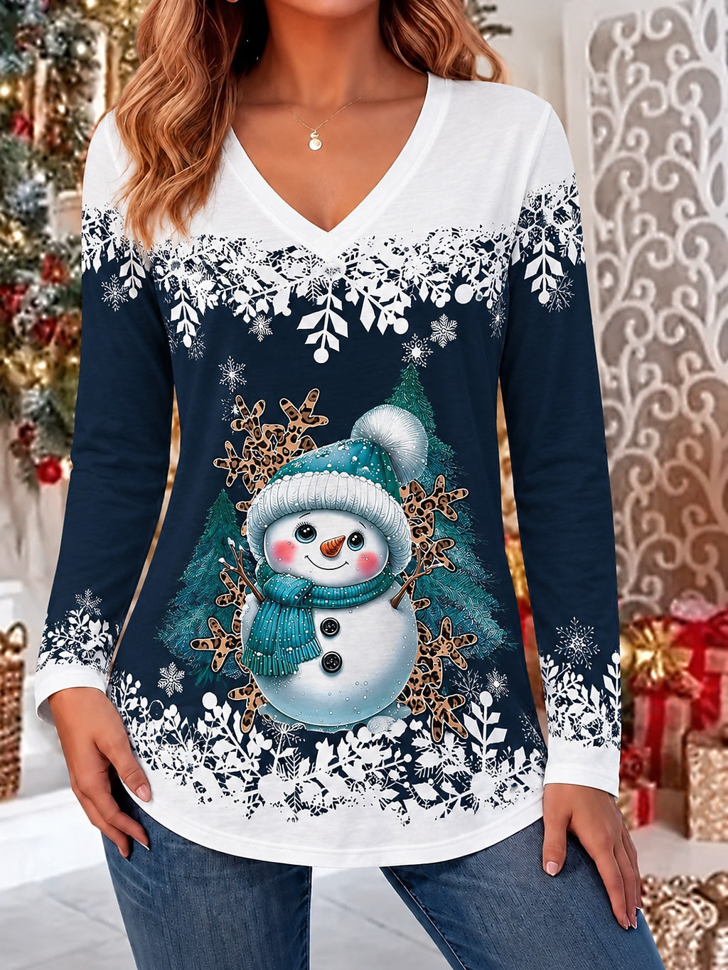 Women's Santa Snowman Colorblock V Neck Blouse