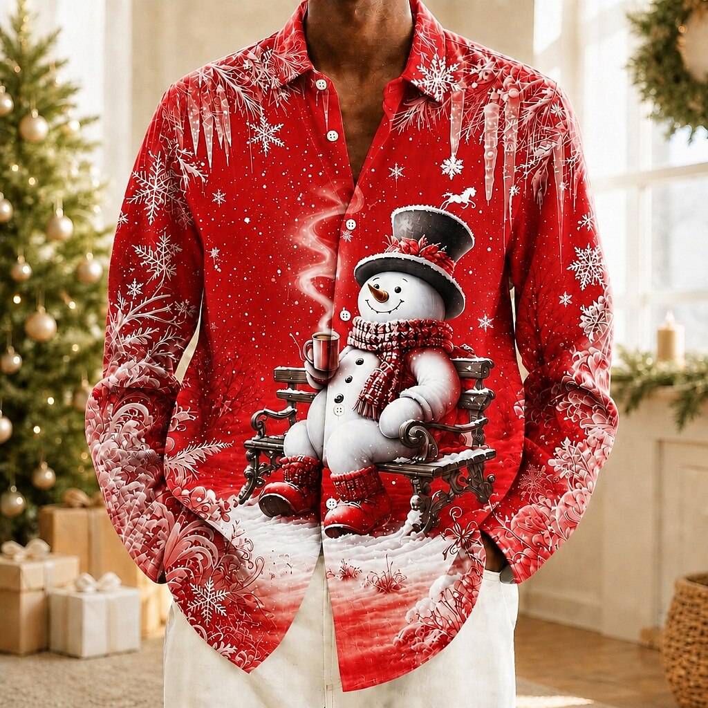 Christmas Snowman Button Casual Shirt
