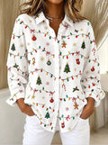 Women's Beige Christmas Tree Button Shirt