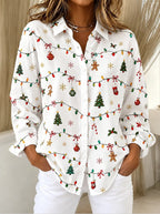 Women's Beige Christmas Tree Button Shirt