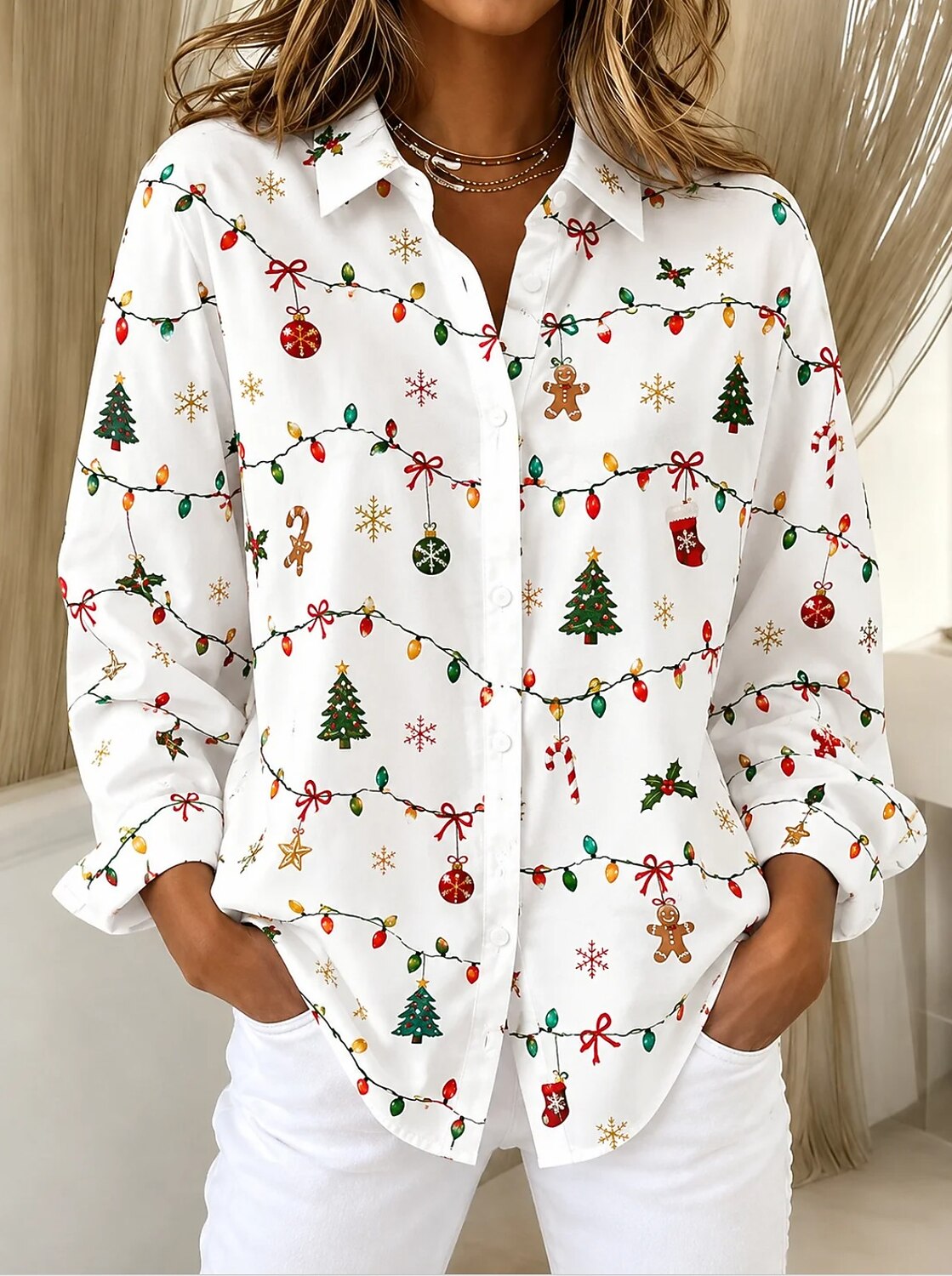 Women's Beige Christmas Tree Button Shirt