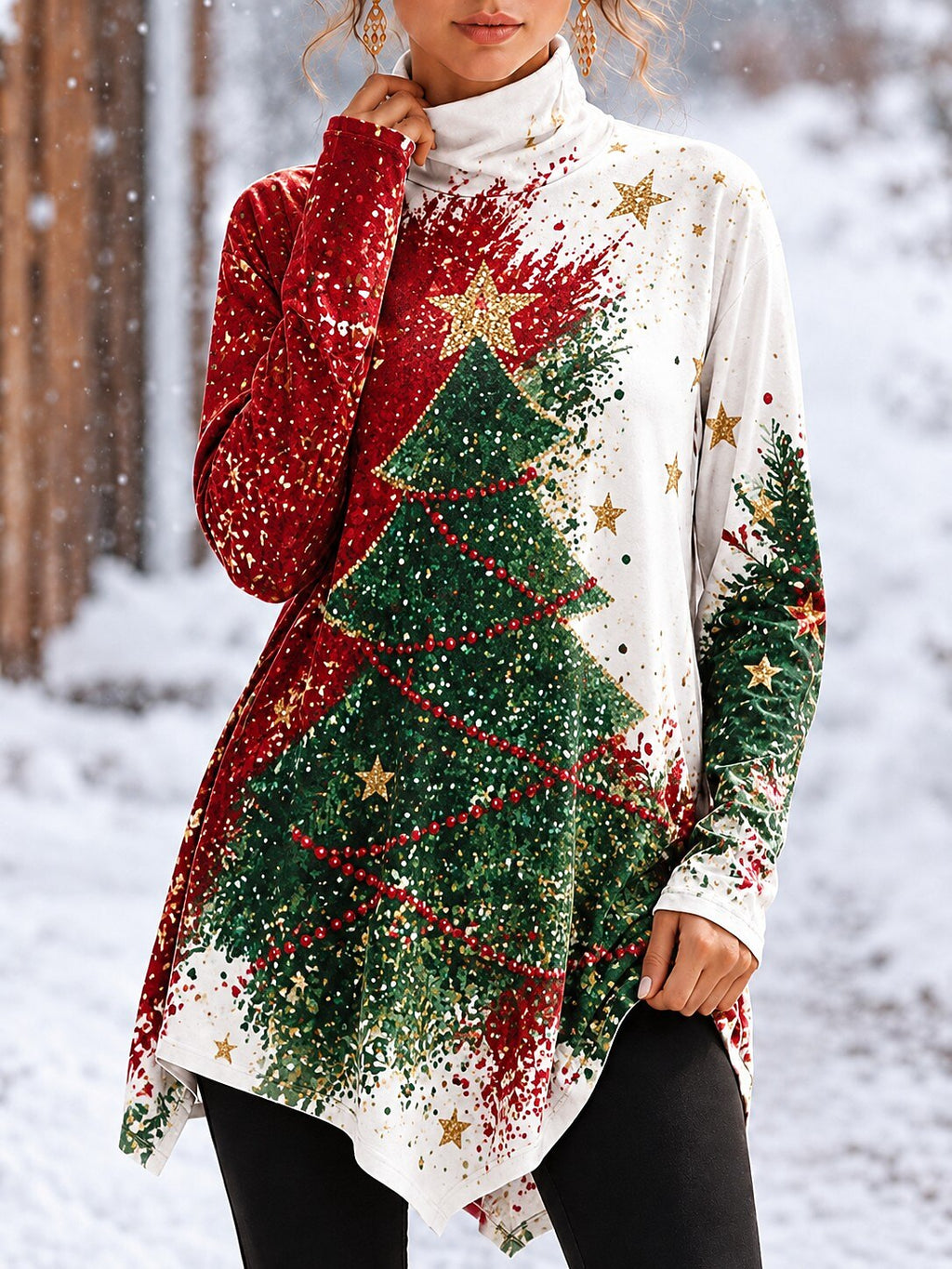 Christmas Floral Asymmetrical Turtleneck T-Shirt