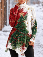 Christmas Floral Asymmetrical Turtleneck T-Shirt