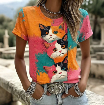 Women's Colorblock Cat Charm Graphic Tee