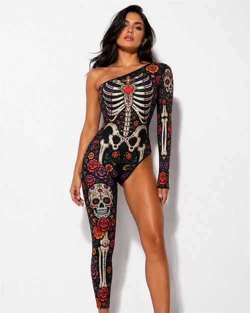 Women's Sugar Skull Asymmetric Halloween Bodysuit Costume