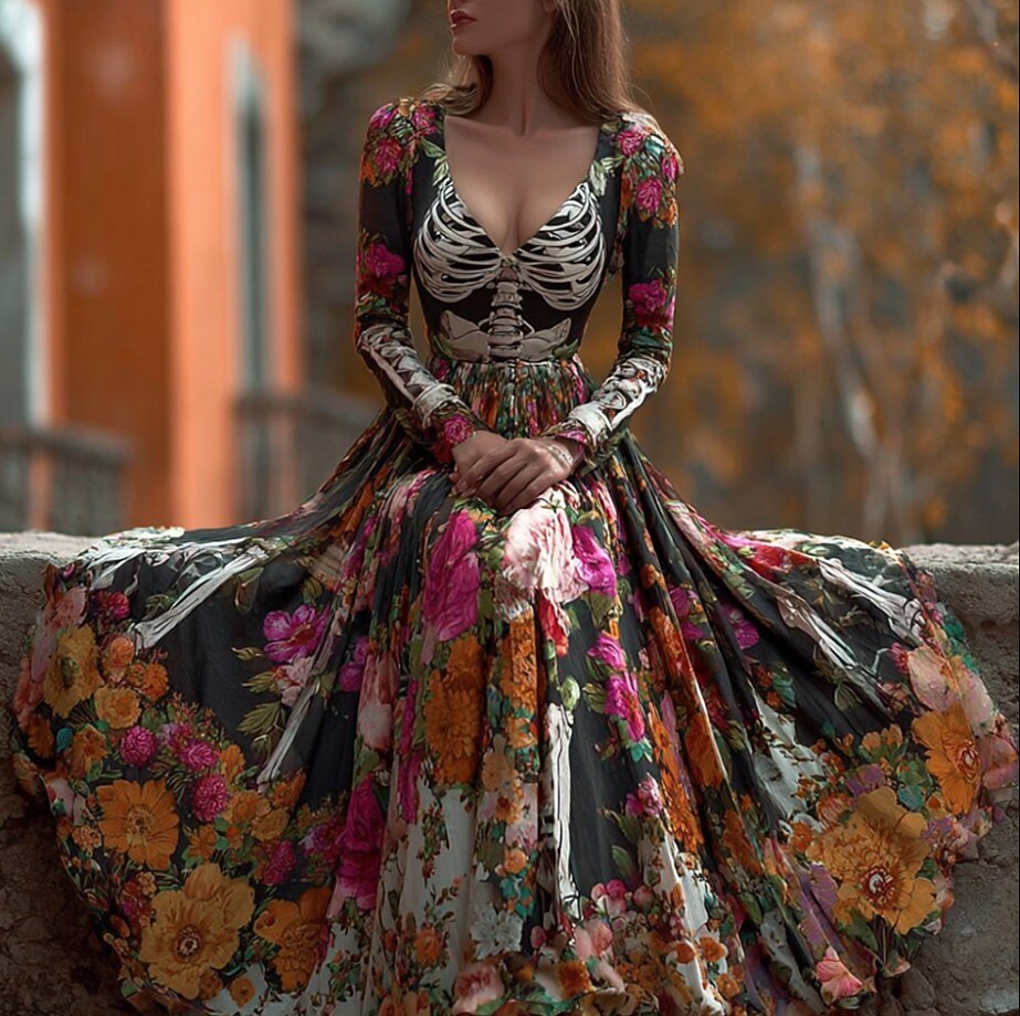 Women's Halloween Haunted Skull Maxi Dress