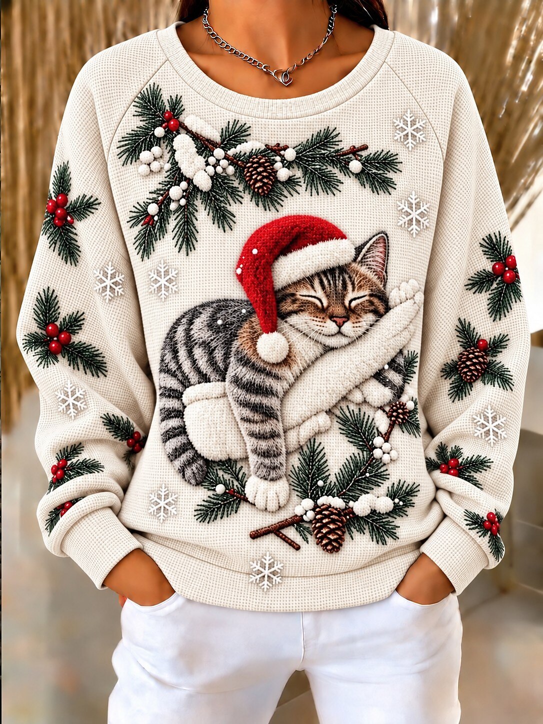 Christmas Tree Waffle Knit Pullover Sweatshirt
