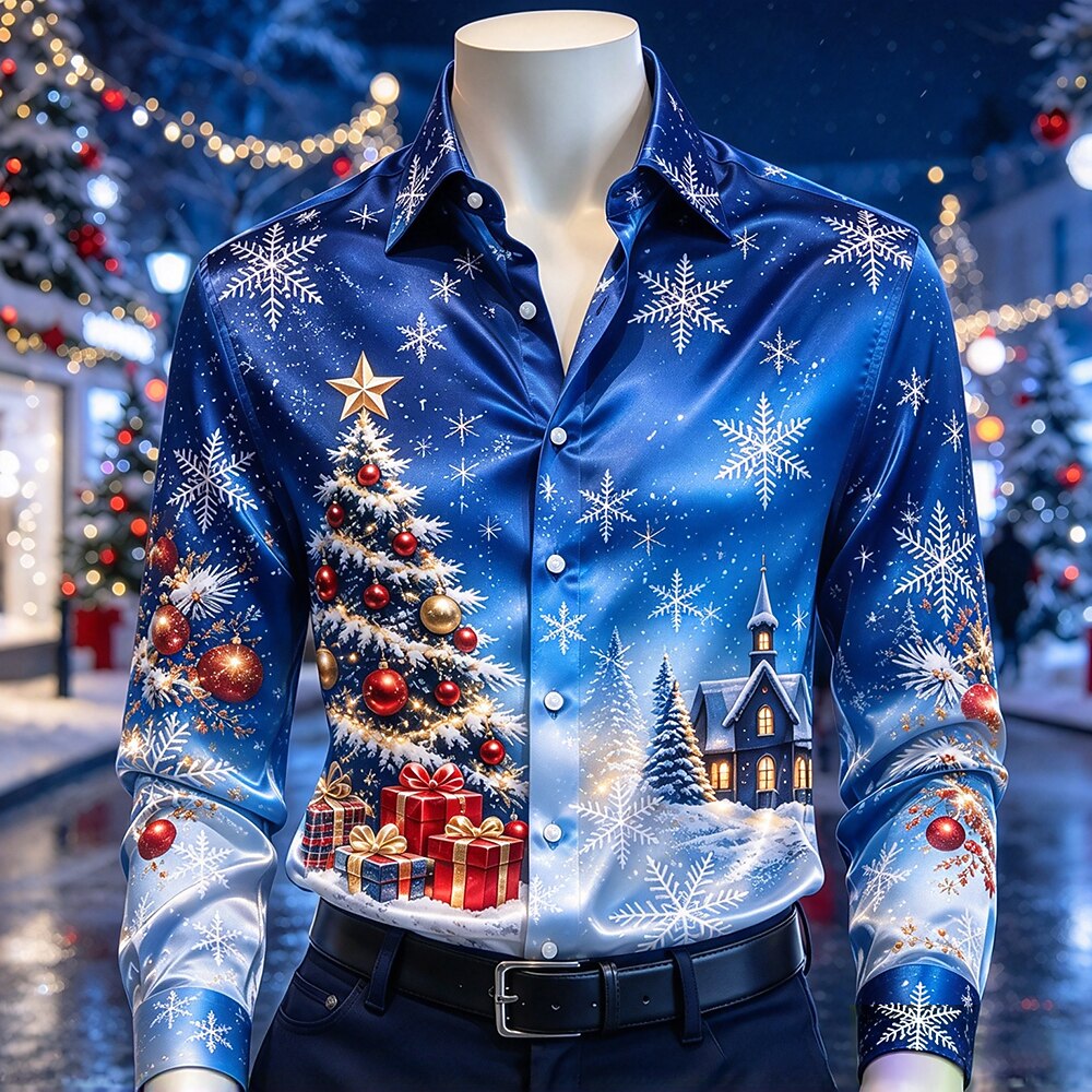 Men's Christmas Tree Scene Satin Shirt