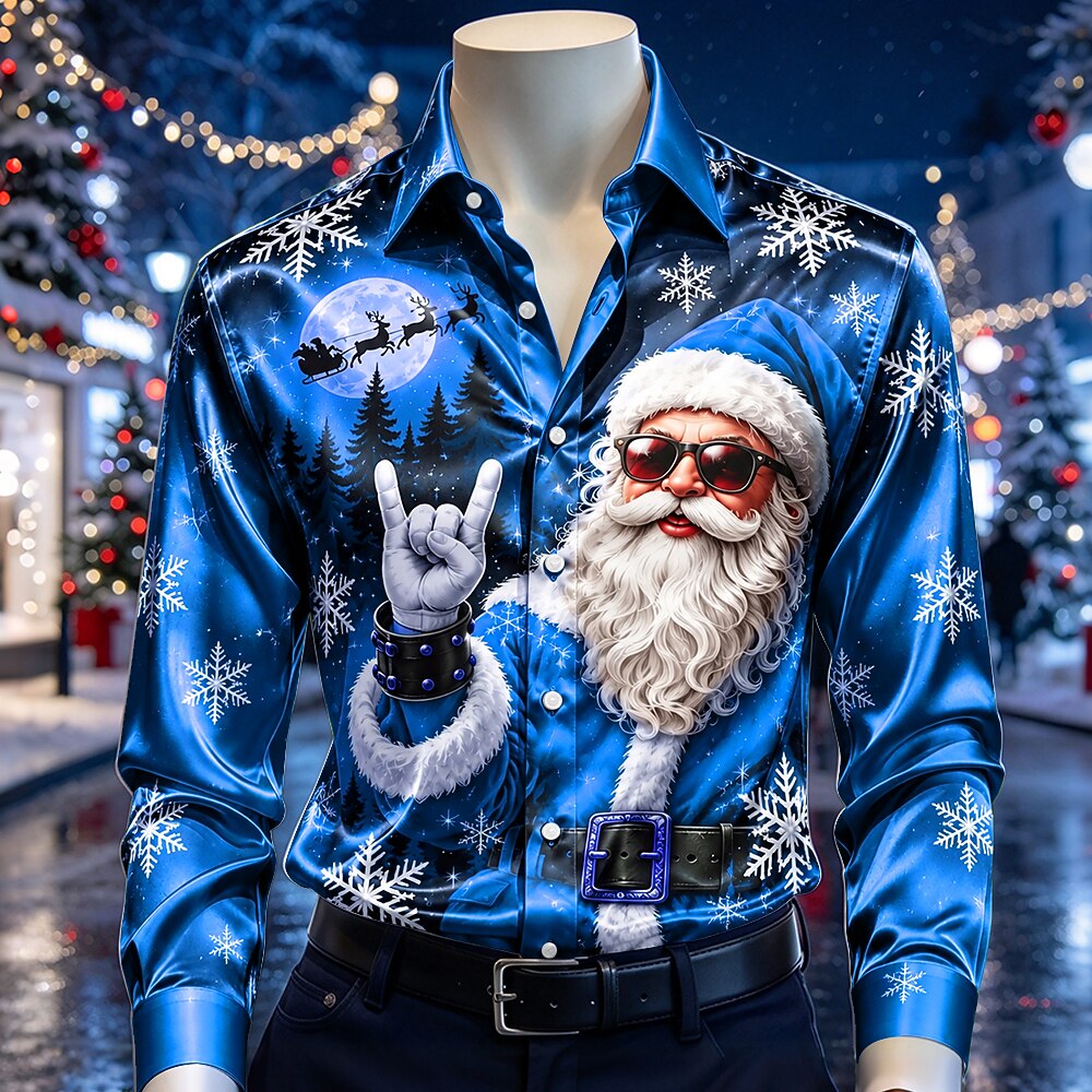 Men's Santa Claus Festive Print Satin Shirt