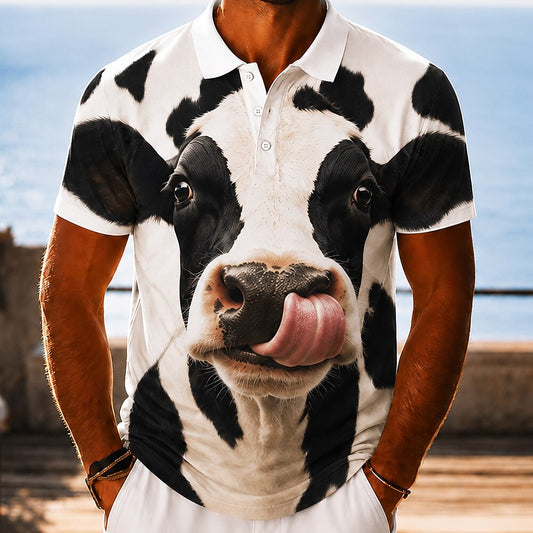 Men's 3D Cartoon Cow Hawaiian Polo