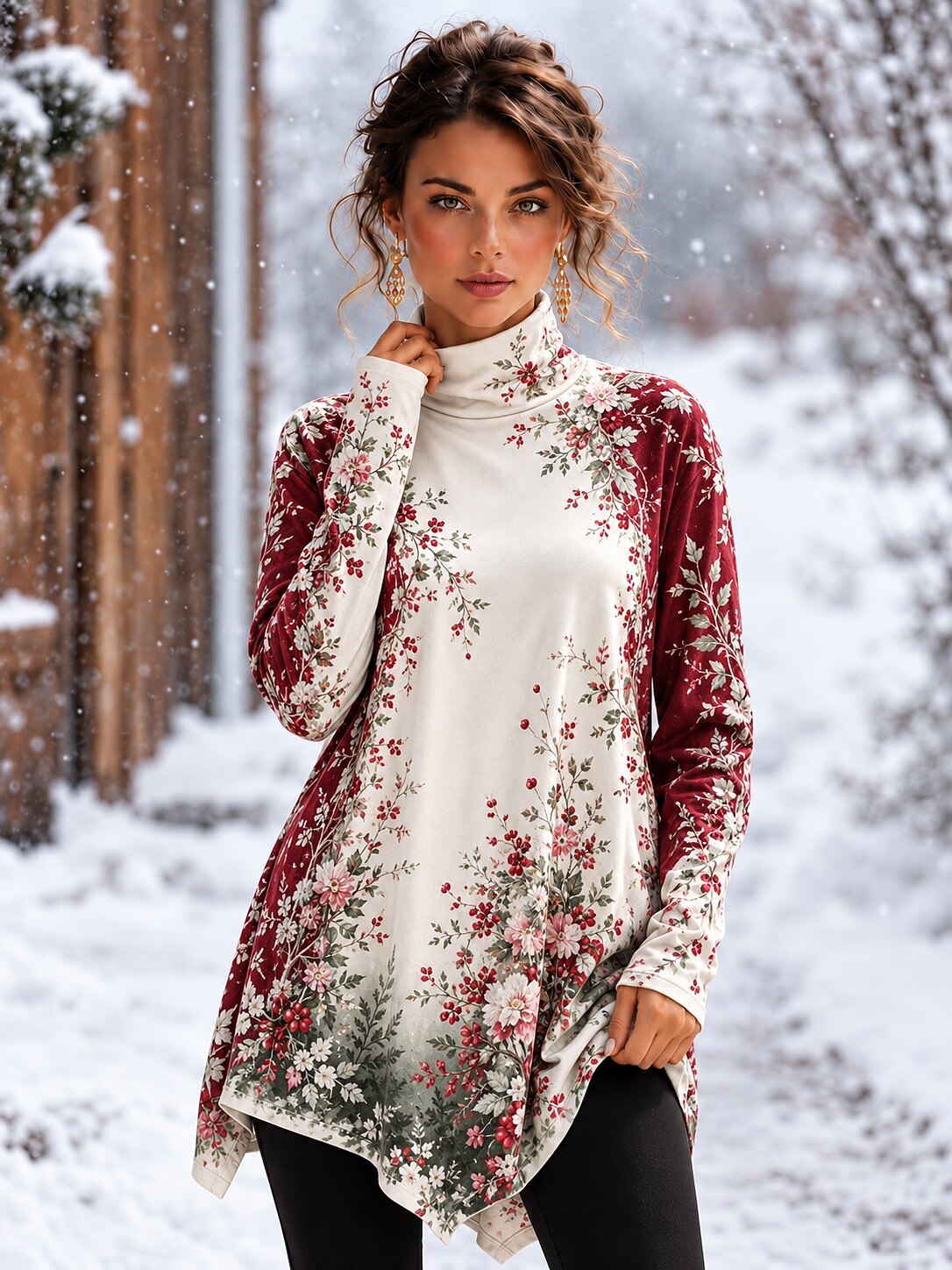 Christmas Floral Classic Turtleneck T-Shirt