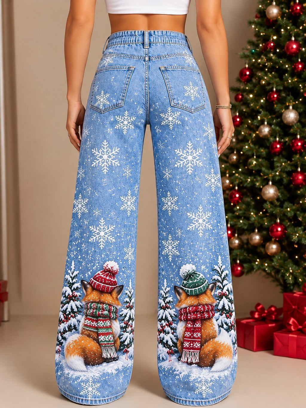 Women's Blue Floral Print Wide Leg Jeans
