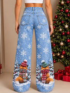 Women's Blue Floral Print Wide Leg Jeans