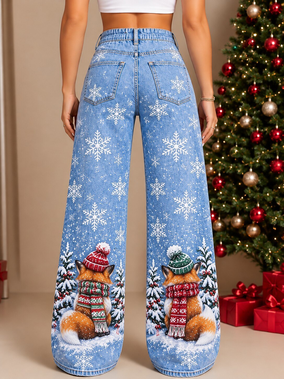 Women's Blue Floral Print Wide Leg Jeans
